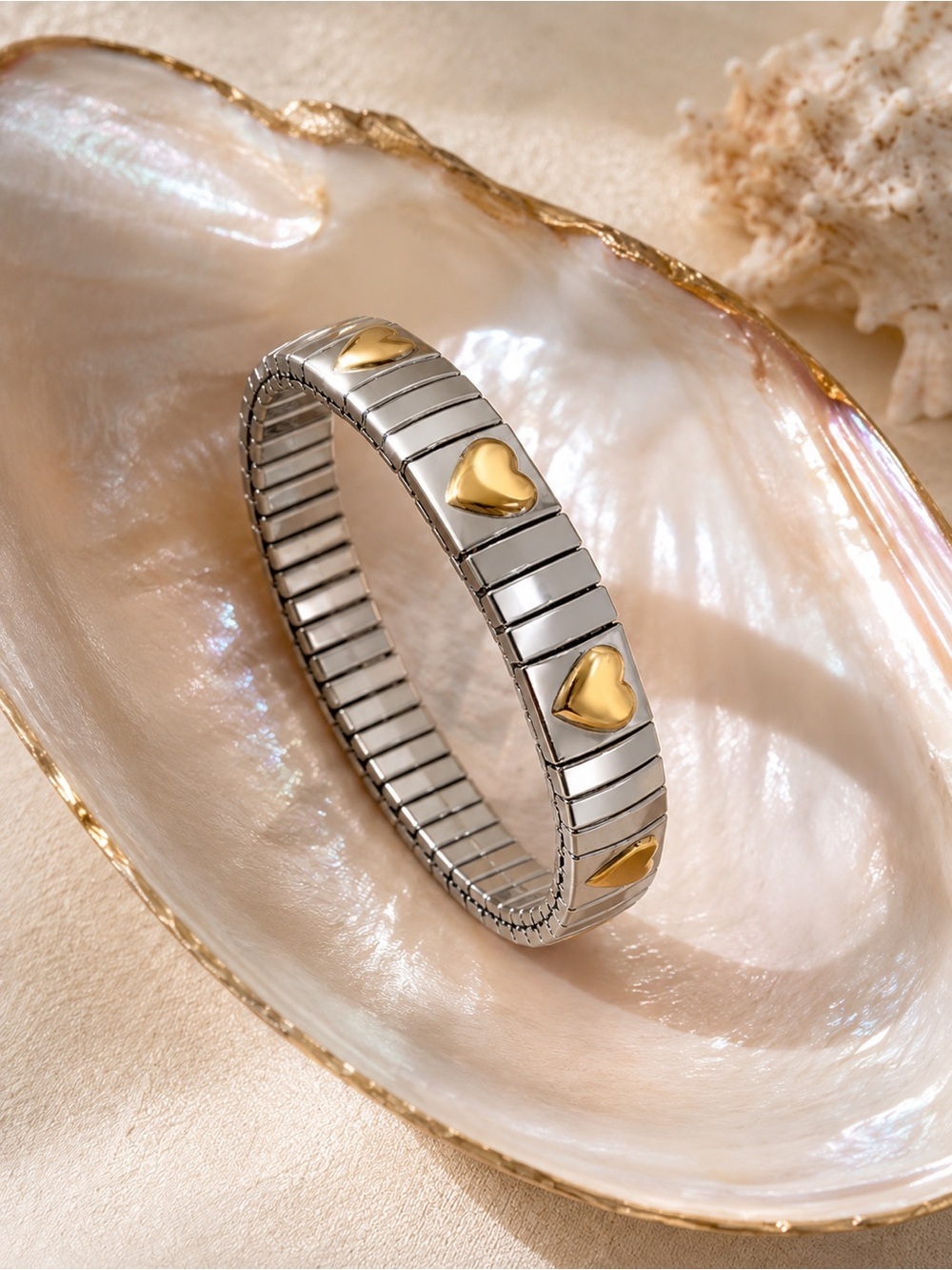Two-Tone Heart Stretch Bracelet Silver Gold Jewelry